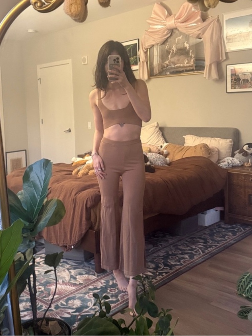 House of CB camel ribbed knit bralette and wide legged pants